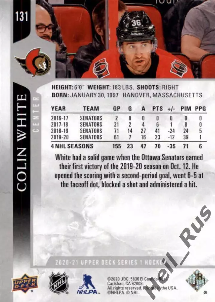 Хоккей Карточка Colin White/Колин Уайт Ottawa Senators/Оттава Сенаторз НХЛ/NHL 1
