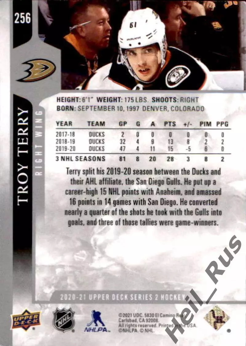 Хоккей Карточка Troy Terry/Трой Терри Anaheim Ducks/Анахайм Дакс НХЛ/NHL 2020-21 1