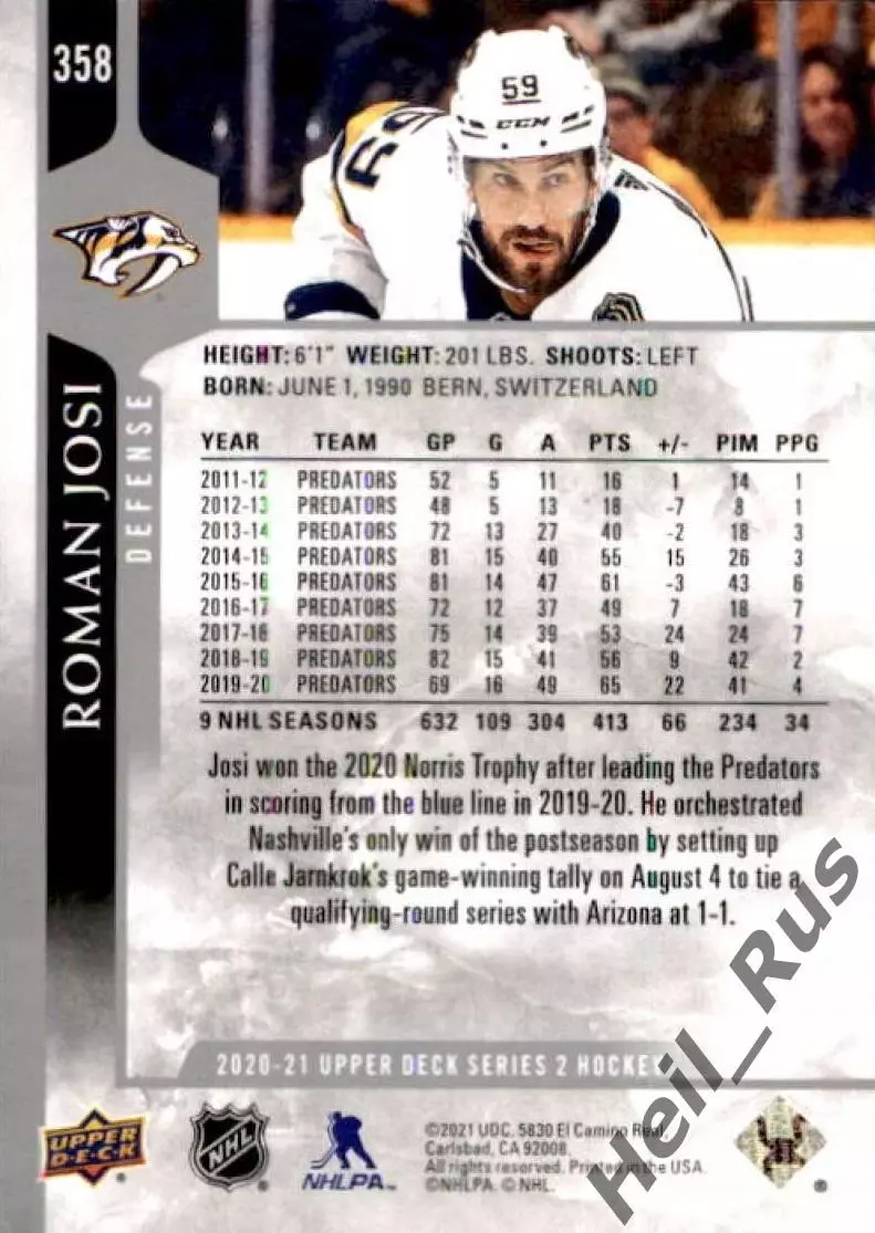 Карточка Roman Josi/Роман Йоси (Nashville Predators/Нэшвилл Предаторз) НХЛ / NHL 1