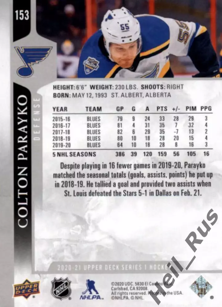 Карточка Colton Parayko/Колтон Парайко (St. Louis Blues/Сент-Луис Блюз) НХЛ-NHL 1