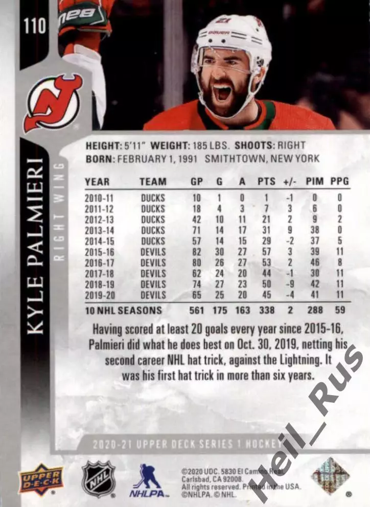 Карточка Kyle Palmieri/Кайл Палмьери New Jersey Devils/Нью-Джерси Девилз НХЛ/NHL 1