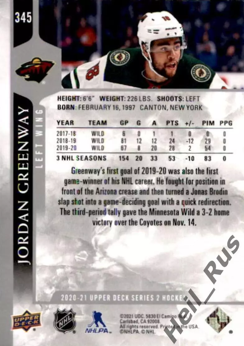 Карточка Jordan Greenway/Джордан Гринвэй Minnesota Wild/Миннесота Уайлд НХЛ/NHL 1