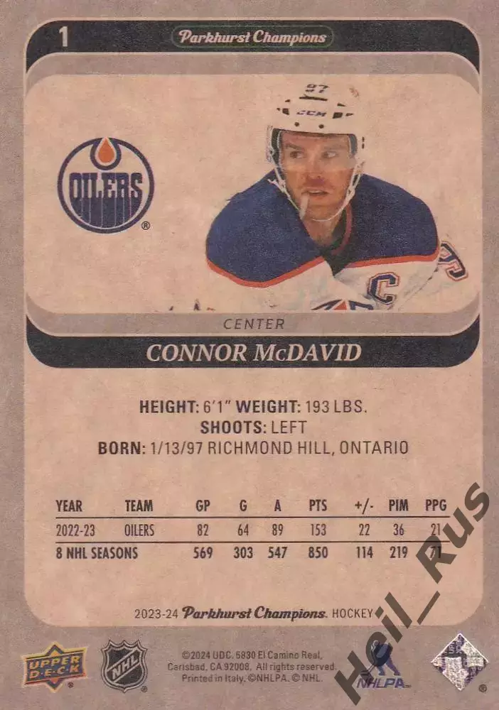 Карточка Connor McDavid/Коннор Макдэвид Edmonton Oilers/Эдмонтон Ойлерз; НХЛ-NHL 1