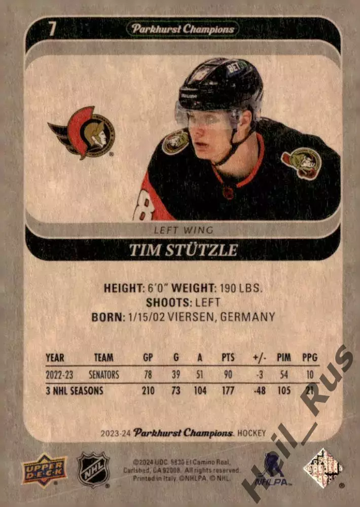 Хоккей Карточка Tim Stutzle/Тим Штюцле Ottawa Senators / Оттава Сенаторз НХЛ/NHL 1