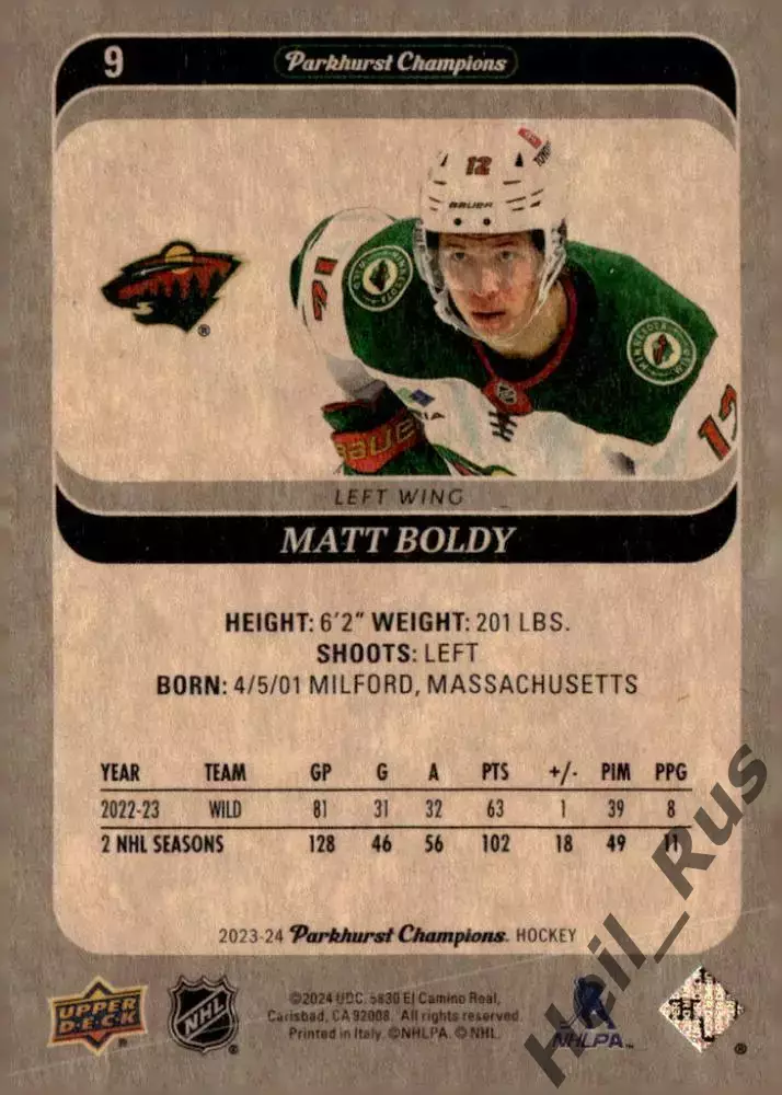 Хоккей Карточка Matt Boldy/Мэттью Болди (Minnesota Wild/Миннесота Уайлд) НХЛ/NHL 1