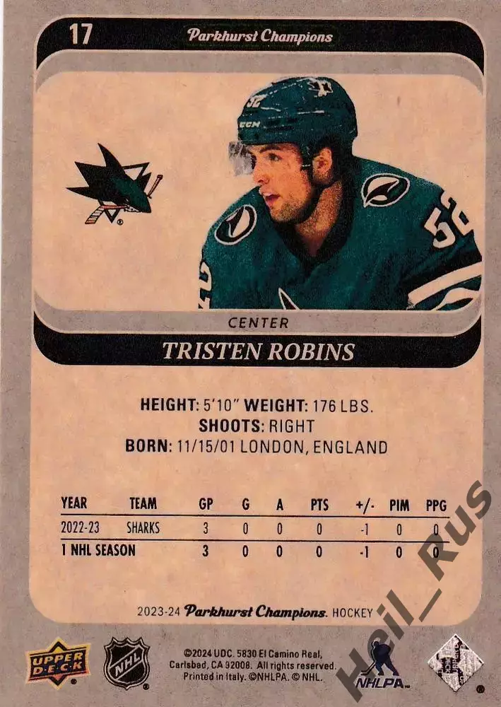 Карточка Tristen Robins/Тристен Робинс (San Jose Sharks/Сан-Хосе Шаркс) НХЛ/NHL 1