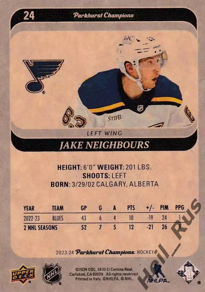 Карточка Jake Neighbours/Джейк Нейборс (St. Louis Blues/Сент-Луис Блюз) НХЛ/NHL 1