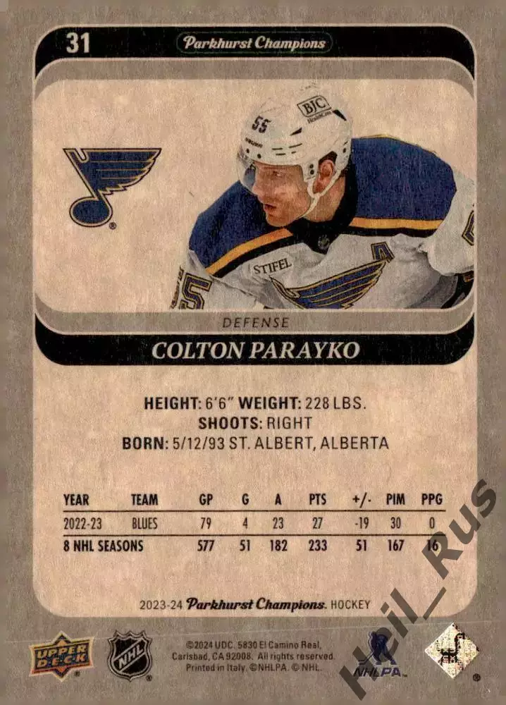 Карточка Colton Parayko/Колтон Парайко (St. Louis Blues/Сент-Луис Блюз) НХЛ-NHL 1