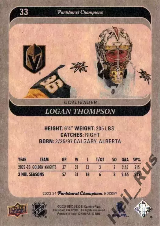 Хоккей; Карточка Logan Thompson/Логан Томпсон Vegas Golden Knights/Вегас НХЛ/NHL 1