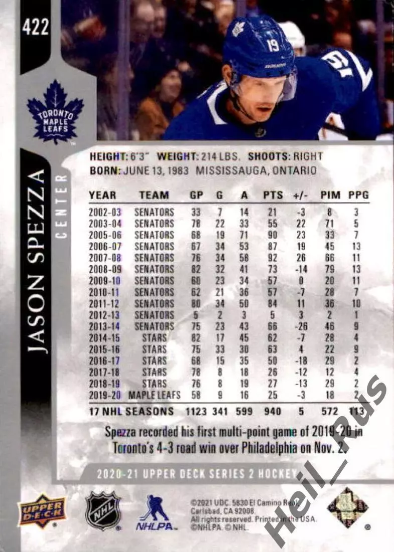 Хоккей; Карточка Jason Spezza/Джейсон Спецца Toronto Maple Leafs/Торонто НХЛ/NHL 1