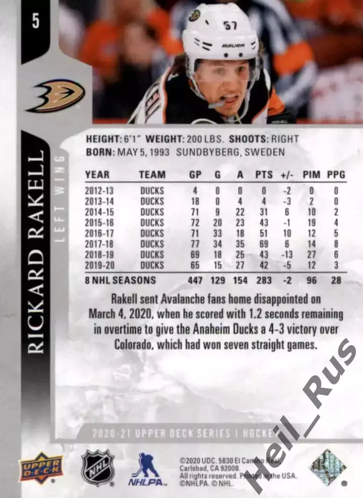 Хоккей Карточка Rickard Rakell/Рикард Ракелль Anaheim Ducks/Анахайм Дакс NHL НХЛ 1