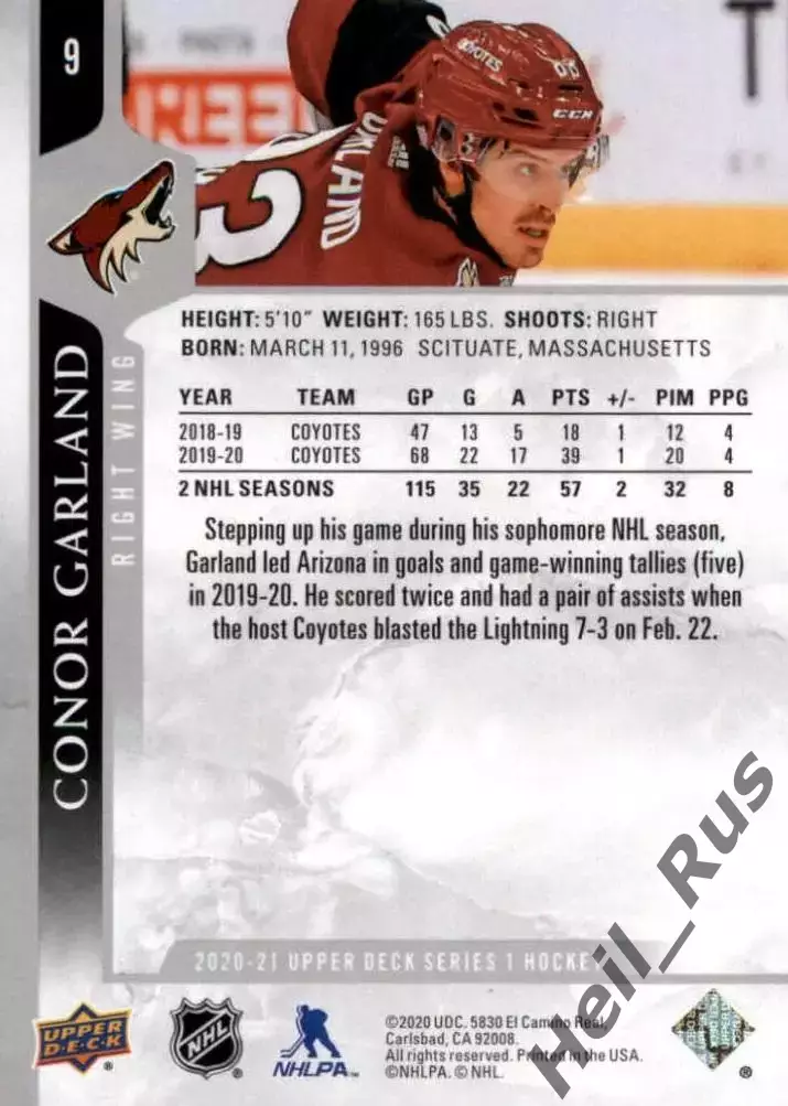 Карточка Conor Garland/Конор Гарланд (Arizona Coyotes/Аризона Койотис) НХЛ/NHL 1