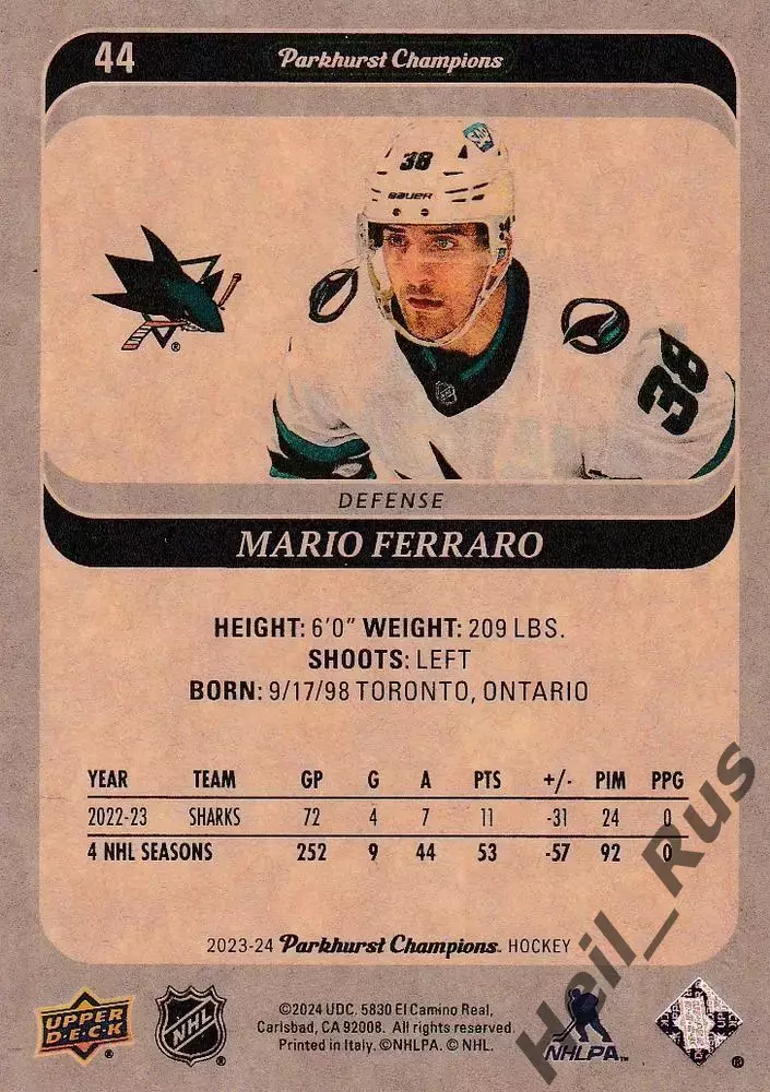 Карточка Mario Ferraro/Марио Ферраро (San Jose Sharks / Сан-Хосе Шаркс) НХЛ/NHL 1