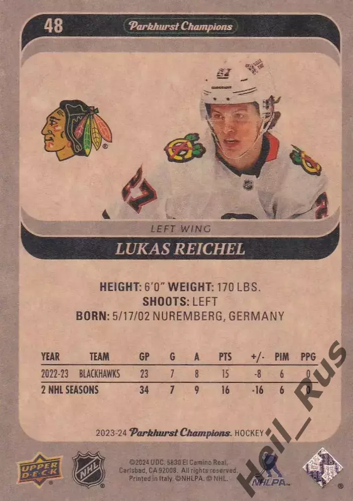 Карточка Lukas Reichel/Лукас Райхель Chicago Blackhawks/Чикаго Блэкхокс NHL/НХЛ 1