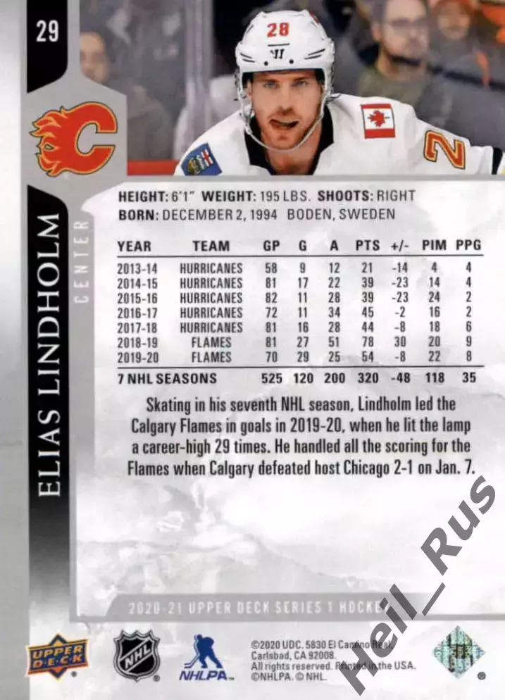 Карточка Elias Lindholm/Элиас Линдхольм (Calgary Flames/Калгари Флэймз) НХЛ-NHL 1