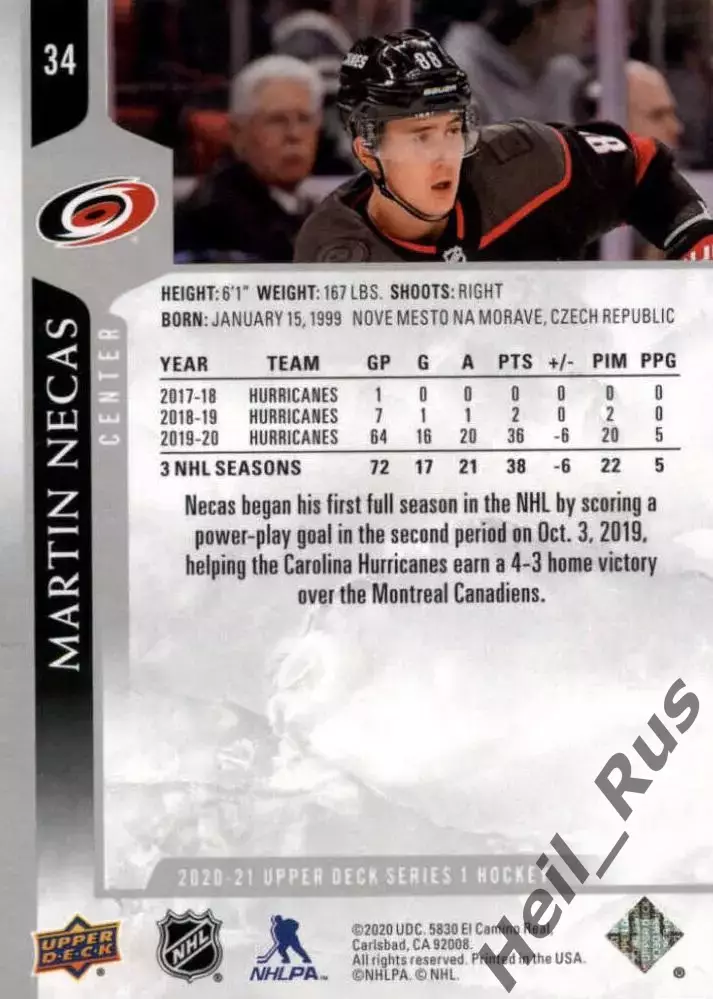 Хоккей Карточка Martin Necas/Мартин Нечас Carolina Hurricanes / Каролина НХЛ/NHL 1