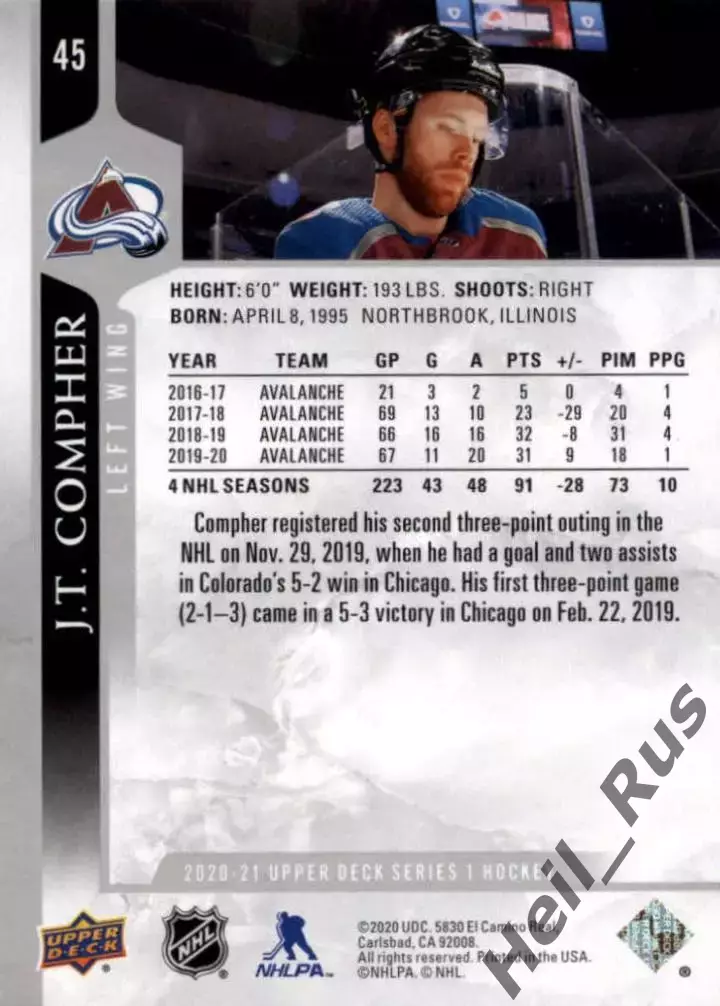 Карточка J.T. Compher/Джей Ти Комфер Colorado Avalanche/Колорадо Эвеланш НХЛ/NHL 1
