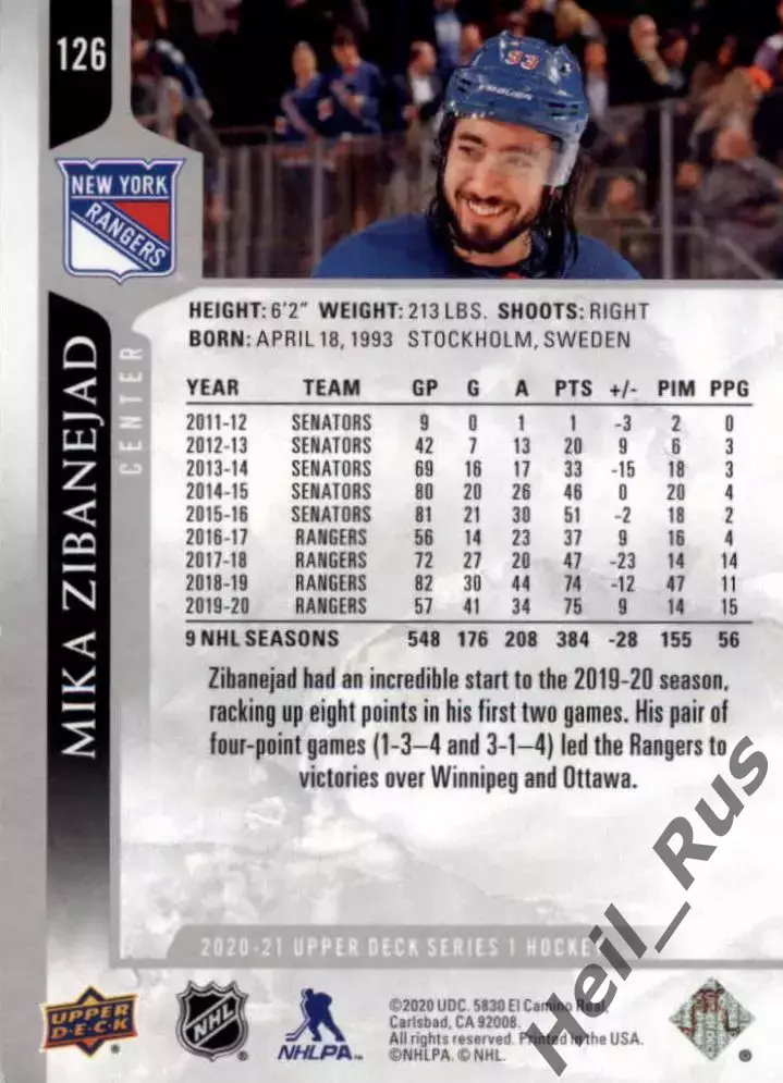 Карточка Zibanejad/Мика Зибанежад (New York Rangers/Нью-Йорк Рейнджерс) НХЛ-NHL 1