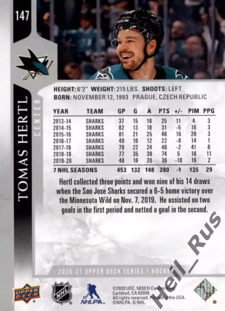 Хоккей Карточка Tomas Hertl/Томаш Гертл (San Jose Sharks/Сан-Хосе Шаркс) НХЛ-NHL 1
