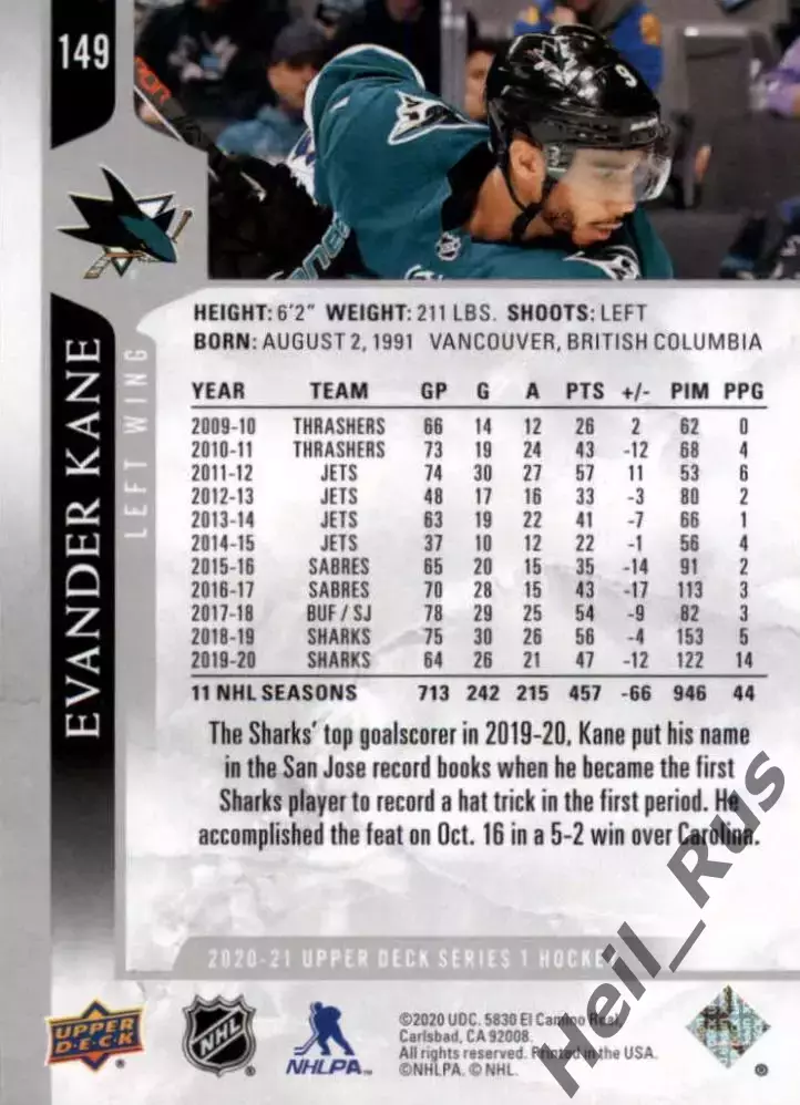 Карточка Эвандер Кейн (San Jose Sharks/Сан-Хосе Шаркс, Динамо Минск) НХЛ/NHL/КХЛ 1