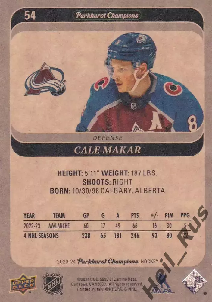Карточка Cale Makar/Кейл Макар (Colorado Avalanche / Колорадо Эвеланш) НХЛ / NHL 1