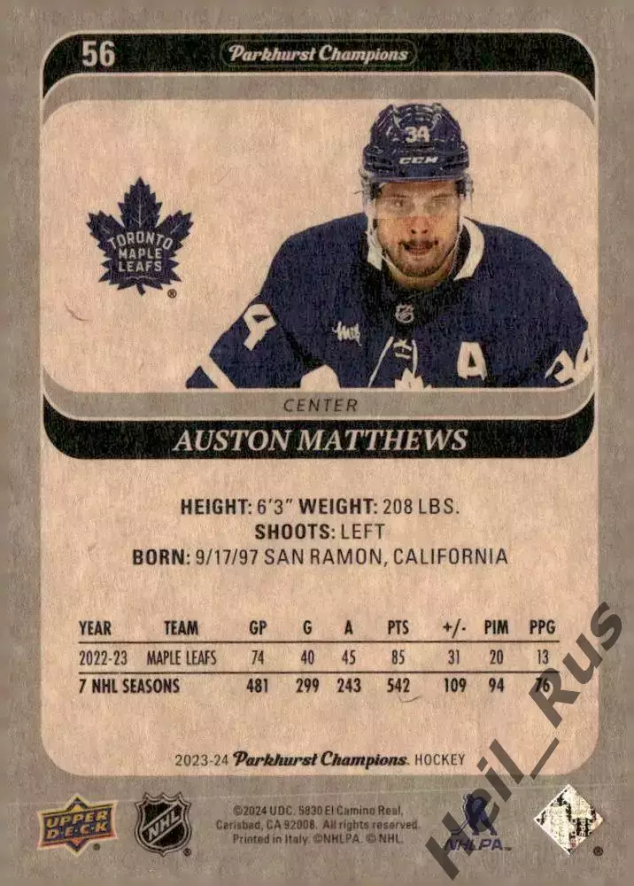 Карточка Auston Matthews/Остон Мэттьюс (Toronto Maple Leafs/Торонто) NHL / НХЛ 1