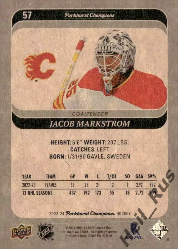 Карточка Jacob Markstrom/Якоб Маркстрем (Calgary Flames/Калгари Флэймз) NHL-НХЛ 1
