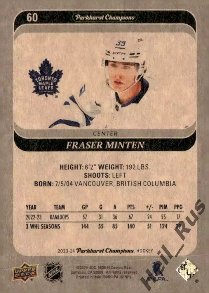 Хоккей Карточка Fraser Minten/Фрейзер Минтен Toronto Maple Leafs/Торонто НХЛ/NHL 1
