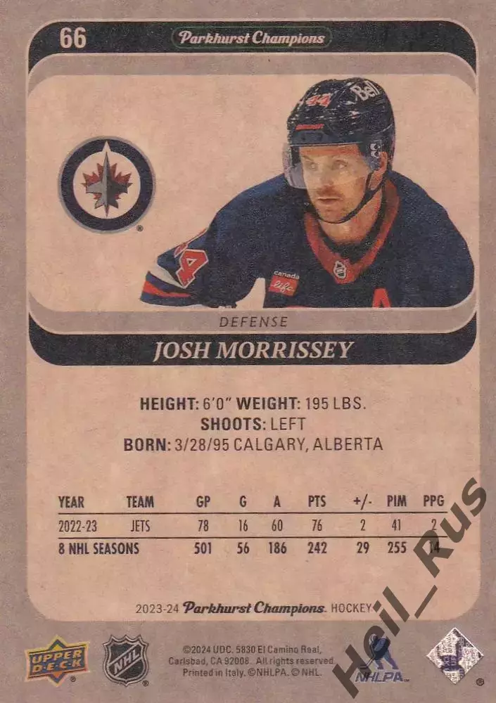 Карточка Josh Morrissey/Джош Моррисси (Winnipeg Jets / Виннипег Джетс) НХЛ/NHL 1