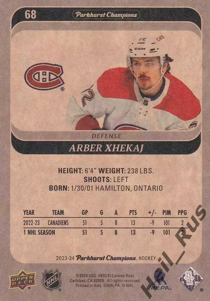 Карточка Arber Xhekaj/Арбер Джекай Montreal Canadiens/Монреаль Канадиенс НХЛ/NHL 1