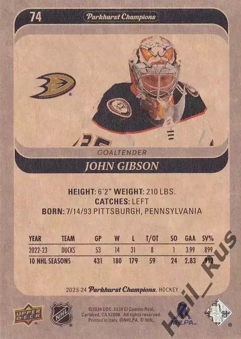 Хоккей. Карточка John Gibson/Джон Гибсон (Anaheim Ducks/Анахайм Дакс) НХЛ / NHL 1