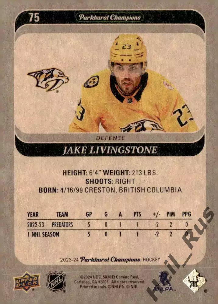 Карточка Jake Livingstone/Джейк Ливингстон (Nashville Predators/Нэшвилл) НХЛ/NHL 1