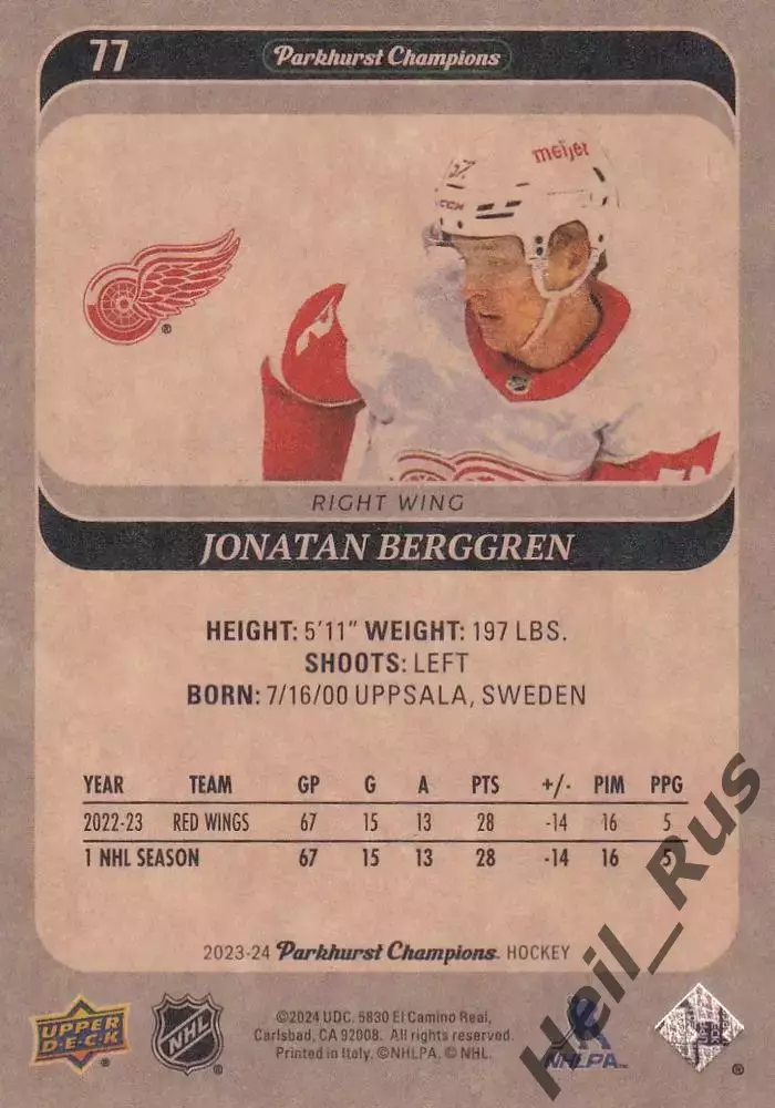 Карточка Jonatan Berggren/Юнатан Берггрен (Detroit Red Wings/Детройт) НХЛ/NHL 1