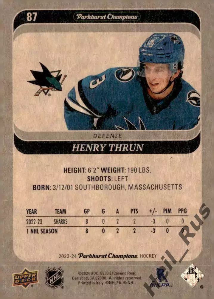Хоккей. Карточка Henry Thrun/Генри Трун (San Jose Sharks/Сан-Хосе Шаркс) НХЛ/NHL 1