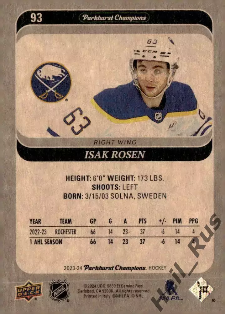 Хоккей. Карточка Isak Rosen/Исак Росен (Buffalo Sabres/Баффало Сейбрз) НХЛ/NHL 1