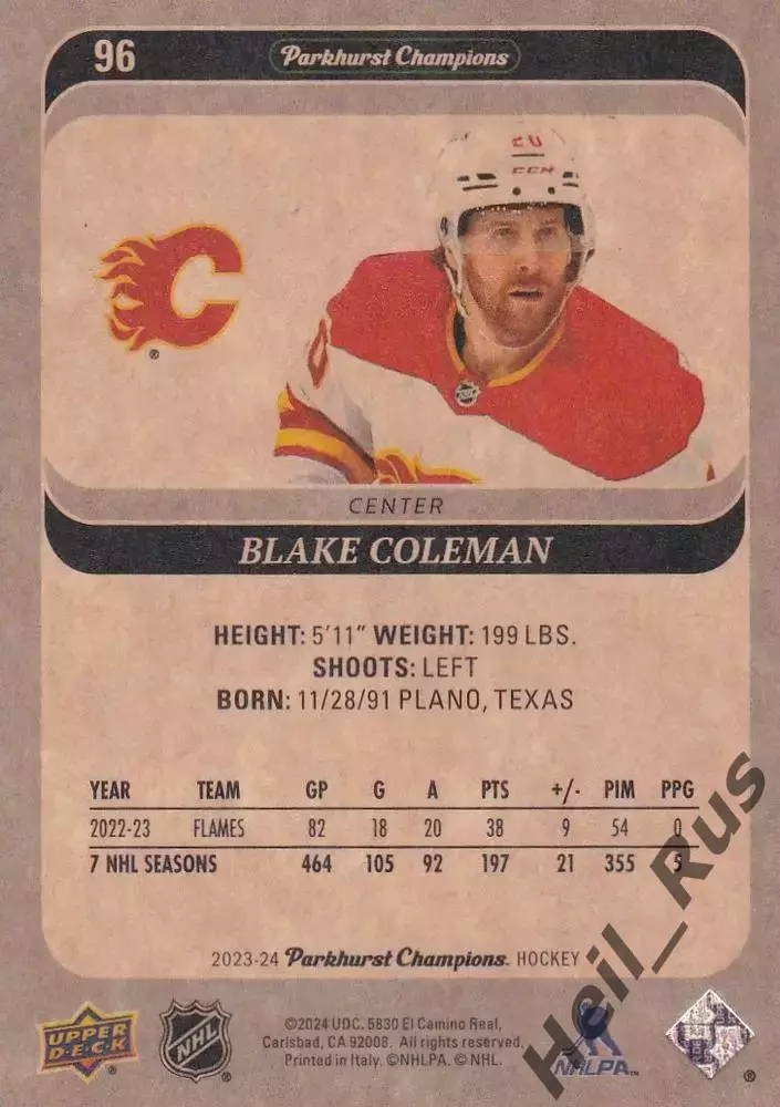 Карточка Blake Coleman / Блейк Коулман (Calgary Flames/Калгари Флэймз) НХЛ/NHL 1