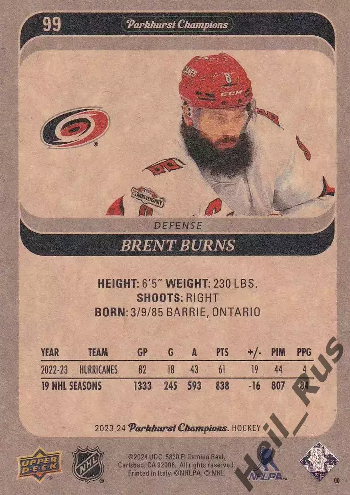 Карточка Brent Burns/Брент Бернс Carolina Hurricanes/Каролина Харрикейнз НХЛ-NHL 1