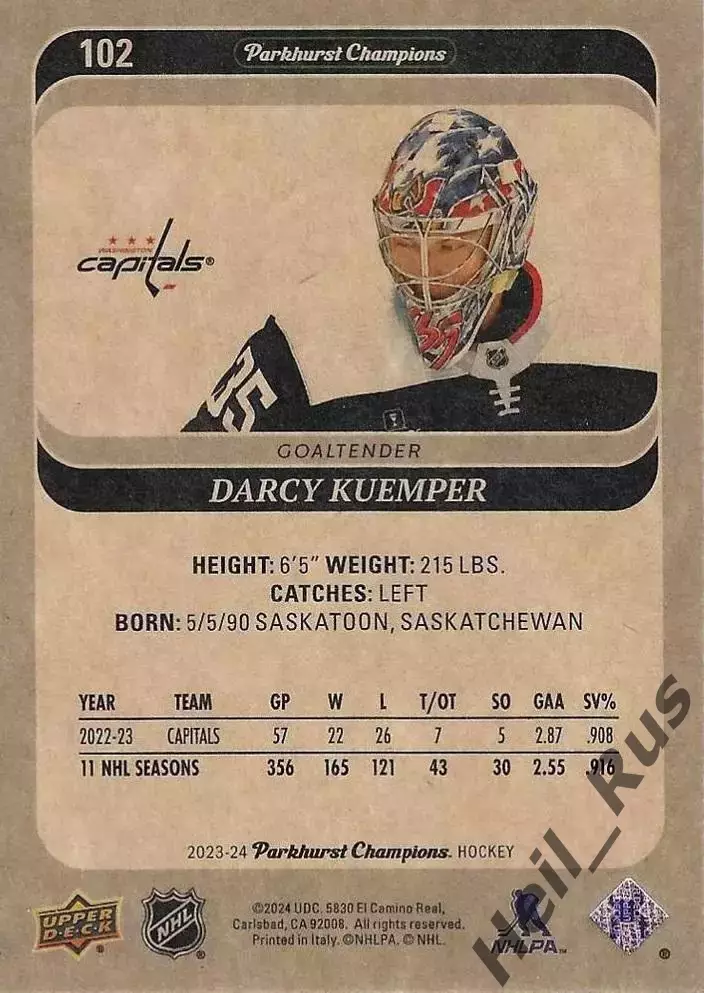 Карточка D. Kuemper/Дарси Кемпер Washington Capitals/Вашингтон Кэпиталз НХЛ/NHL 1