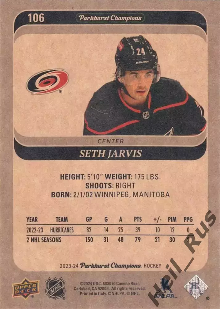 Карточка Seth Jarvis/Сет Джарвис Carolina Hurricanes/Каролина Харрикейнз НХЛ-NHL 1