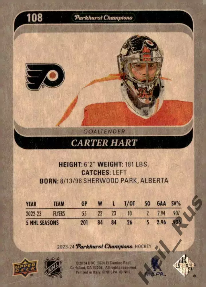 Карточка Carter Hart/Картер Харт Philadelphia Flyers/Филадельфия Флайерз NHL-НХЛ 1