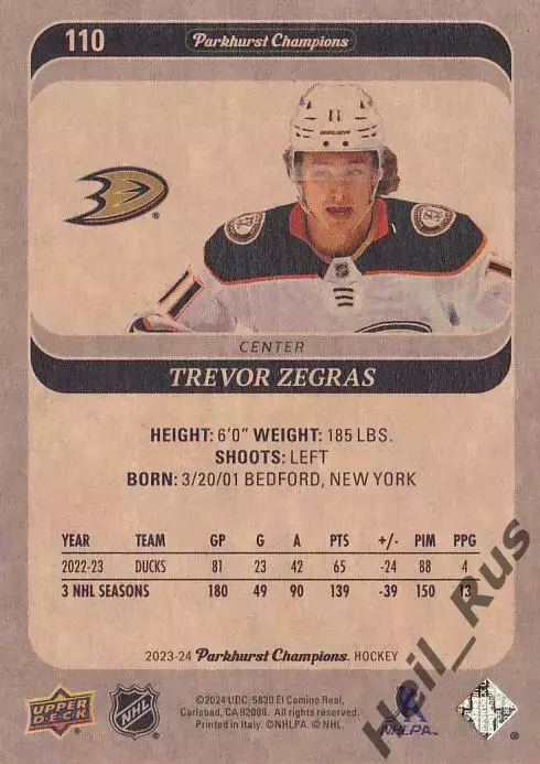 Хоккей Карточка Trevor Zegras/Тревор Зеграс (Anaheim Ducks/Анахайм Дакс) НХЛ/NHL 1