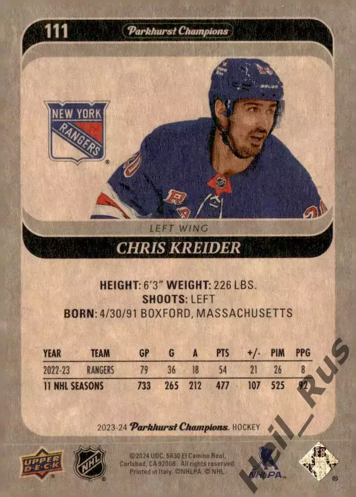 Карточка Chris Kreider/Крис Крайдер New York Rangers/Нью-Йорк Рейнджерс NHL/НХЛ 1