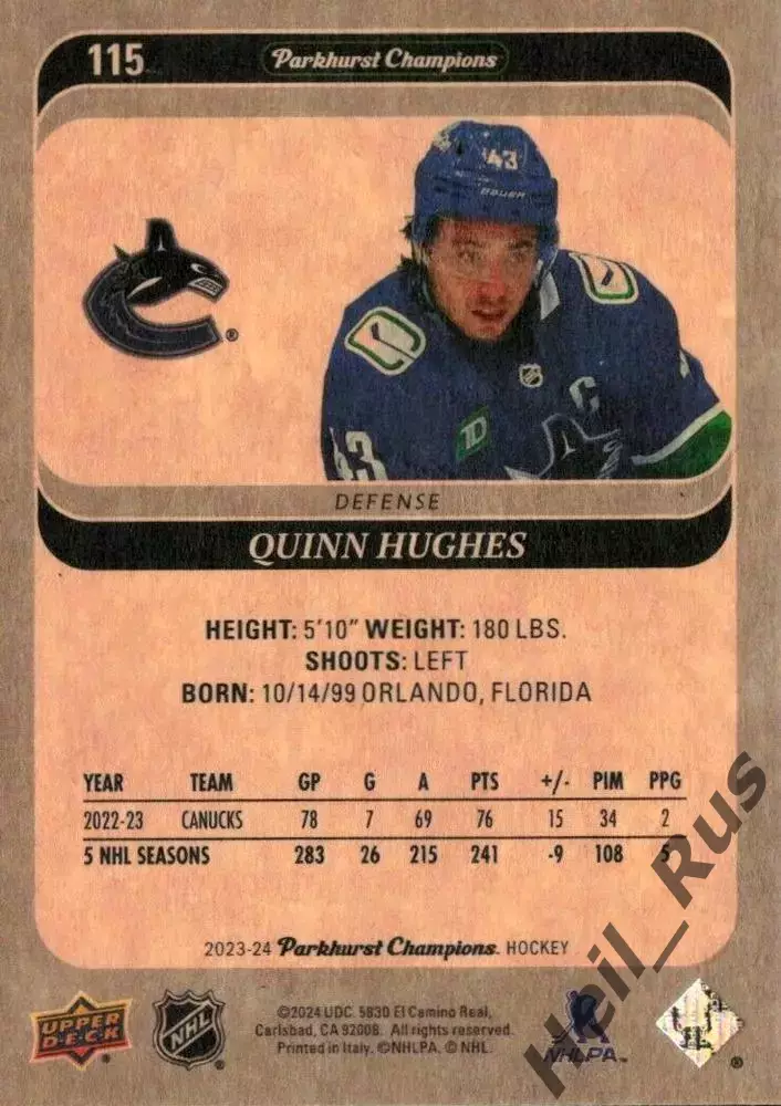 Карточка Quinn Hughes / Куинн Хьюз (Vancouver Canucks / Ванкувер Кэнакс) НХЛ/NHL 1
