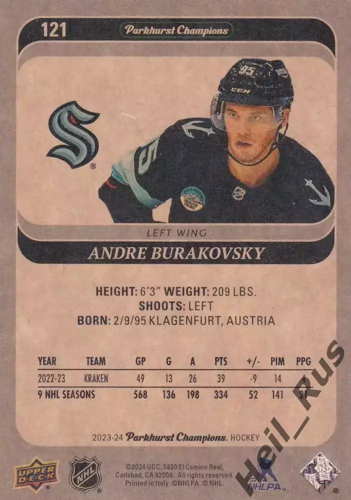 Карточка Andre Burakovsky/Андре Бураковски (Seattle Kraken/Сиэтл Кракен) NHL/НХЛ 1