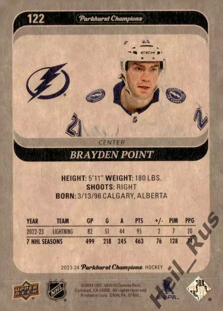 Карточка B. Point/Брэйден Пойнт (Tampa Bay Lightning/Тампа-Бэй Лайтнинг) НХЛ NHL 1