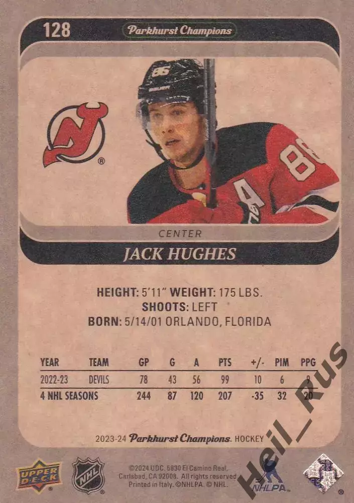 Карточка Jack Hughes / Джек Хьюз (New Jersey Devils / Нью-Джерси Девилз) НХЛ/NHL 1