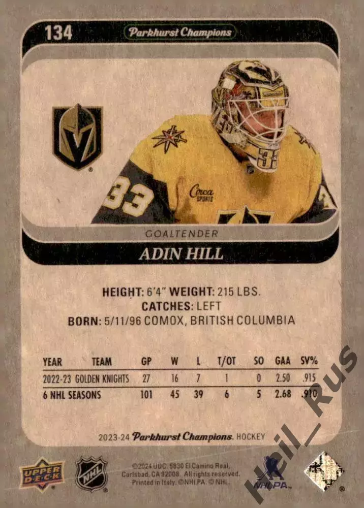 Хоккей. Карточка Adin Hill/Эдин Хилл Vegas Golden Knights/Вегас НХЛ/NHL 2023-24 1