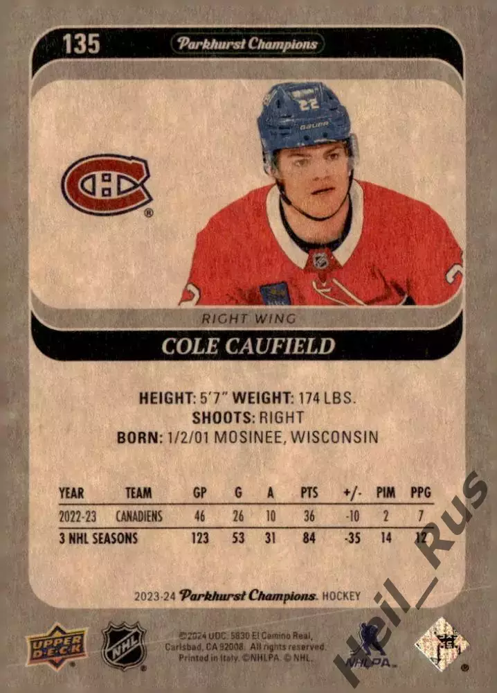 Карточка Cole Caufield/Коул Кофилд Montreal Canadiens/Монреаль Канадиенс NHL-НХЛ 1