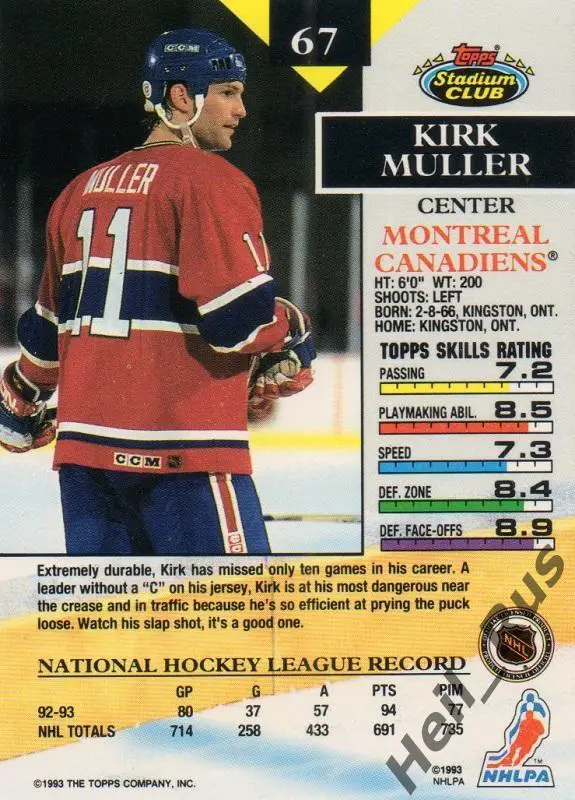 Хоккей. Карточка Kirk Muller/Кирк Мюллер (Montreal Canadiens / Монреаль) НХЛ/NHL 1