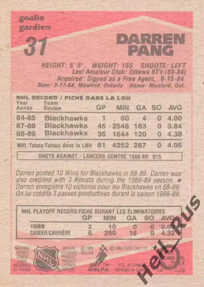 Карточка Darren Pang/Даррен Пэнг (Chicago Blackhawks / Чикаго Блэкхокс) НХЛ/NHL 1